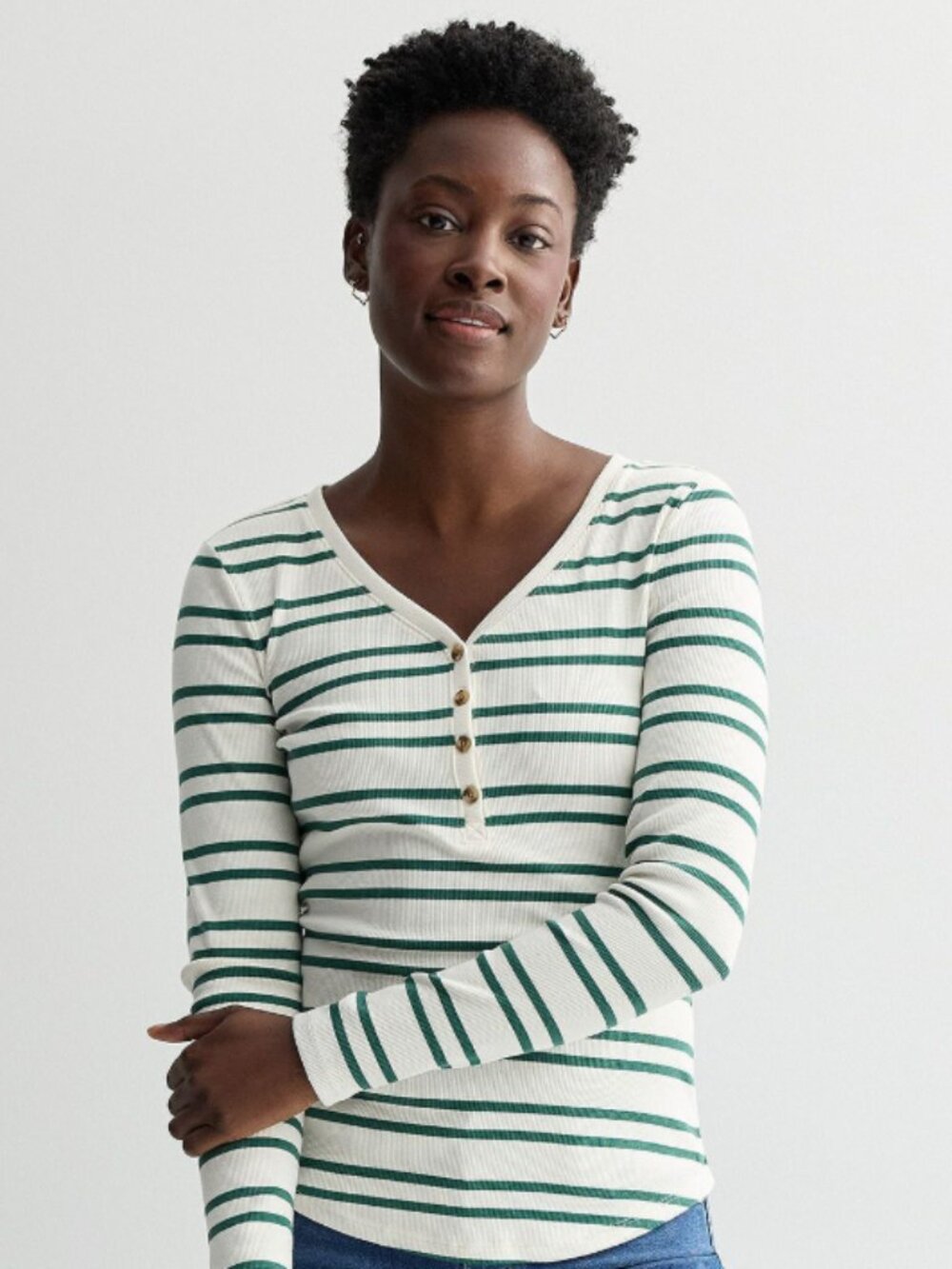 Women's Sonoma Goods For Life Ribbed Long-Sleeve Henley, green stripes